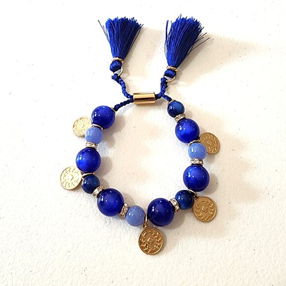 Kate Spade Pretty Poms Blue Coin Charm Festival Tassel Bracelet - Picture 2 of 7